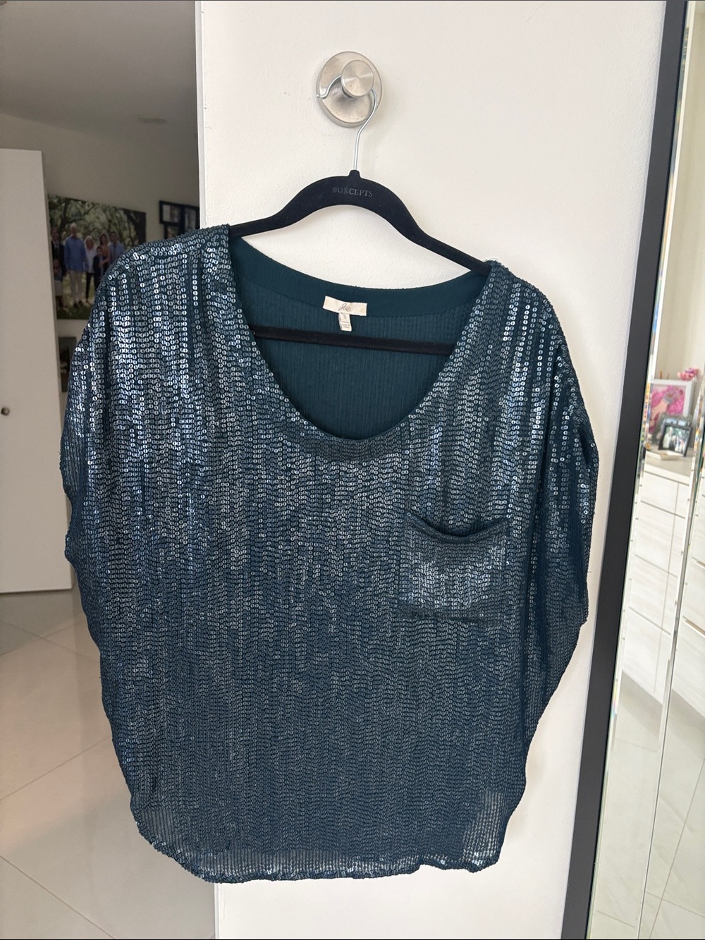 Vintage Joie Teal Sequin Pocket Pullover